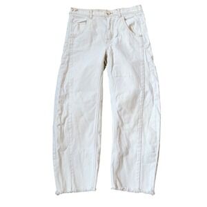 Free People We The Free Cream Cropped Barrel Jeans Raw Hem Mid Rise Size 24